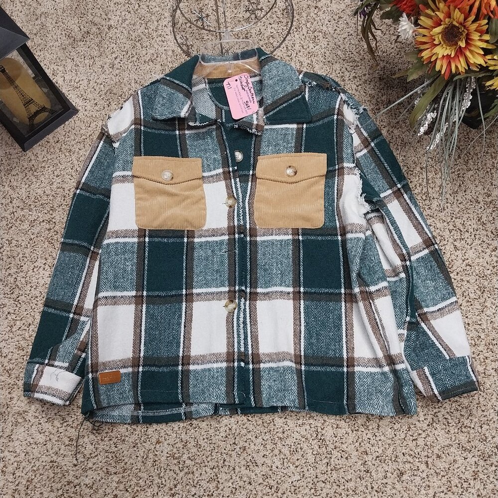 3681 Size Medium Simply Southern Shacket in Green Plaid with Corduroy Pockets - Picture 1 of 9